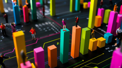 miniature people on colorful bar graphs with circuit board background