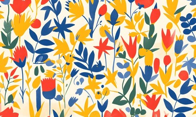 seamless pattern Matisse inspired bold and bright on white backgorund, Generative AI