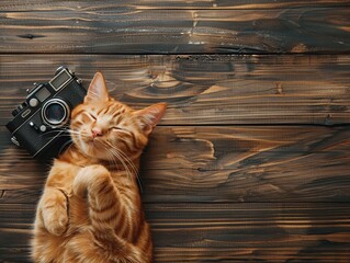 Cute ginger cat lying near retro camera on wooden background. Top view - Powered by Adobe