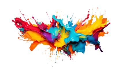 Dynamic explosion of beautiful colorful paint splashes isolated on transparent background. Generative AI
