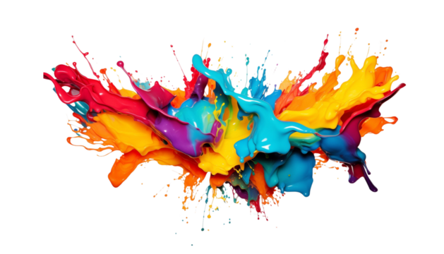 Dynamic explosion of beautiful colorful paint splashes isolated on transparent background. Generative AI