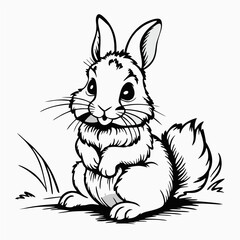 A charming hand-drawn rabbit illustrated in black and white line art, designed for a coloring book