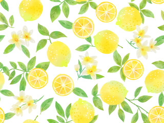  Lemon and Plumeria Seamless Pattern, Lemon and White Flower Textile Design,Lemon Summer Seamless Pattern