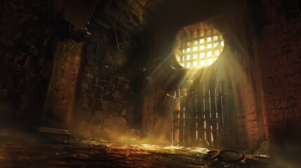 Chilling scene as light filters through an open door into a dungeon, uncovering a hellish ring gate and a dark, cobweb-covered storage room