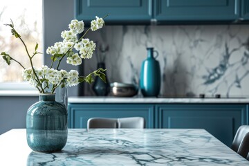 Empty and clean marble dining table in scandinavian kitchen. Modern monochrome interior with blue drawers on wooden furniture. Tablewear and vases with flowers - generative ai