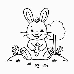 A charming hand-drawn rabbit illustration in black and white line art