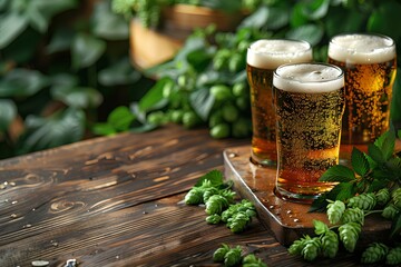 Glasses of beer on a wooden table on the theme of International Beer Day