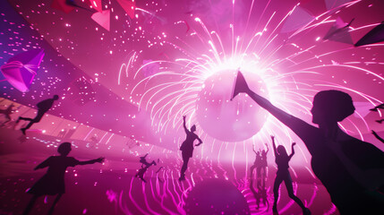 Vibrant virtual reality concert with fireworks and avatars