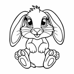 A charming, hand-drawn black and white line art illustration of a cute rabbit from a coloring book