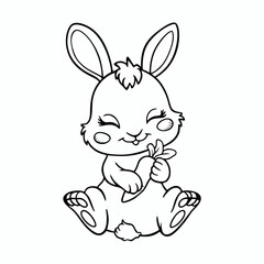 A hand-drawn, black and white line art illustration of a cute rabbit from a coloring book