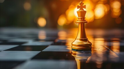 Golden chess king at dawn represents strategic planning and visionary leadership. Concept Leadership, Strategic Planning, Visionary Thinking, Chess King, Dawn