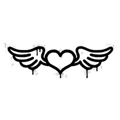 Spray Painted Graffiti heart wings icon Sprayed isolated with a white background. graffiti love wings  symbol with over spray in black over white.