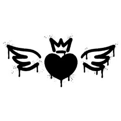 Spray Painted Graffiti heart wings icon Sprayed isolated with a white background. graffiti love wings  symbol with over spray in black over white.