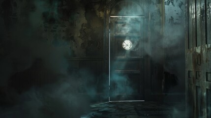 Fototapeta premium Creepy basement atmosphere, a door slightly open emitting light, revealing a ring gate and heavy smoke, all under a veil of darkness and mist