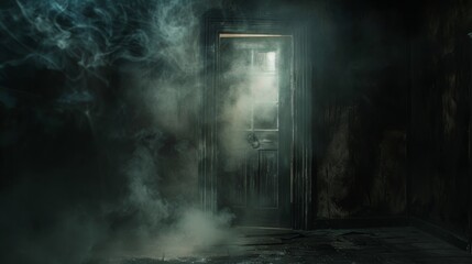 Creepy basement atmosphere, a door slightly open emitting light, revealing a ring gate and heavy smoke, all under a veil of darkness and mist