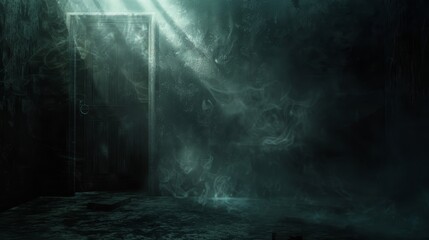Creepy basement atmosphere, a door slightly open emitting light, revealing a ring gate and heavy smoke, all under a veil of darkness and mist