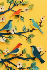 Birds sitting on tree branches in cut out trendy paper creative art on yellow background. Generative AI