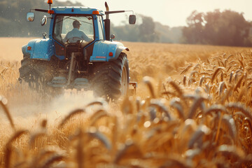 Fototapeta premium A farmer drives a blue tractor through golden wheat fields during sunset