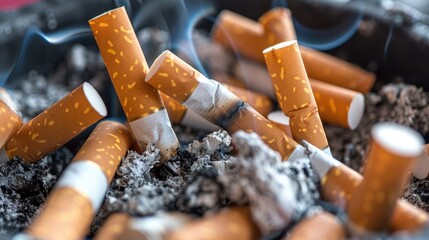 Cigarette butts, environmental pollution, yellow cigarette filters. Harm to health.