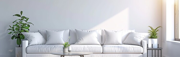 White sofa with white pillows and plants in living room, interior design concept for modern minimalist home background mockup.