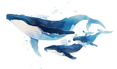 whales painted in water colour blue on white background , Generative AI