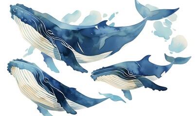 Fototapeta premium whales painted in water colour blue on white background , Generative AI