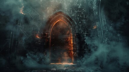 Creepy dungeon door enshrouded in darkness and smoke, cobwebs adding an ancient feel, with the eerie light of flames casting fearful shadows