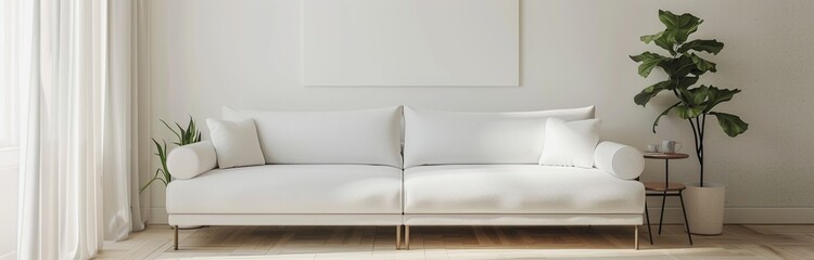 White sofa on white wall background with copy space and green plants beside it.