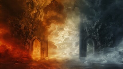 Dark and eerie hell gate with souls in despair, fiery background, versus a serene heavenly gate, illuminated and peaceful in the shroud of mist