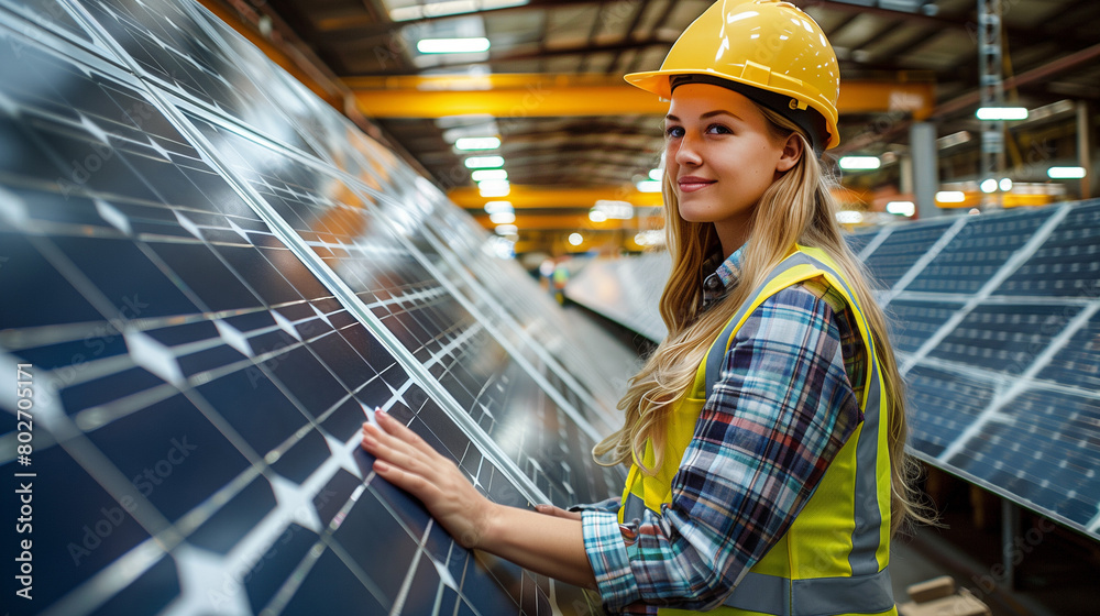 Wall mural female worker carrying solar panel in warehouse, factory. solar panel manufacturer, solar manufactur