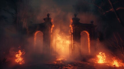 Dark and haunted gate resembling the entrance to hell, smoky and fiery ambiance creating a terrifying spectacle