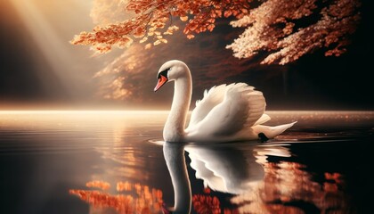 A regal swan gliding on a glassy lake, with the reflection of autumn leaves in the water. - Powered by Adobe