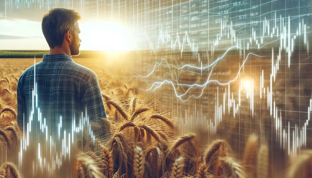 A farmer in a wheat field with a transparent overlay of commodity prices, representing the relationship between agriculture and market speculation.