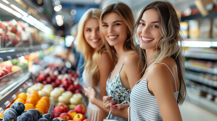 Group of happy friends shopping in store.