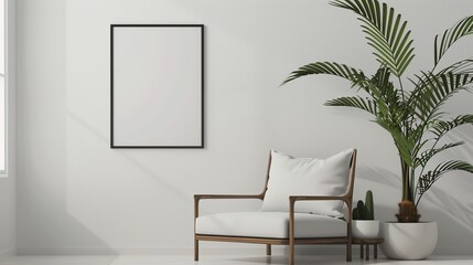 white chairs on white wall background with copy space and green plants beside.