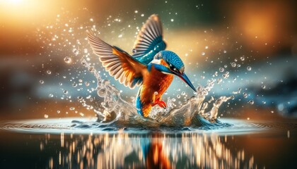 A kingfisher just as it strikes the water, capturing the moment of impact and the ripples that follow.
