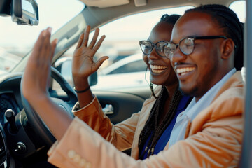 Happy African American couple giving a high five while driving in their car, reflecting a journey filled with joy and companionship. - Powered by Adobe