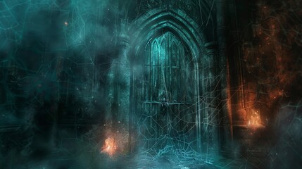 Dark and ominous door leading to dungeons, engulfed in smoke and mist, shrouded in cobwebs with flickering flame fire illuminating the entrance