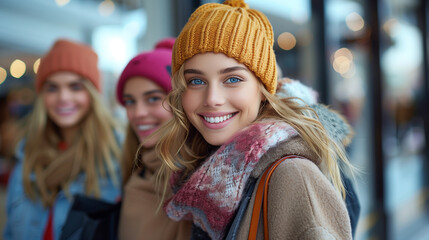 Happy group of friends shopping in autumn season.