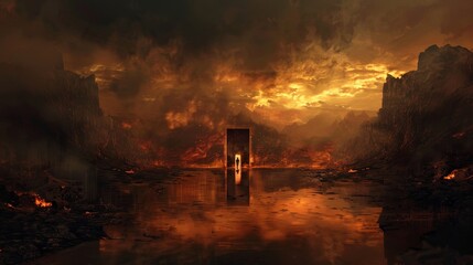 Fototapeta premium Dark, foreboding landscape featuring a door to hell, with a reflective lake mirroring the devil's silhouette, shrouded in darkness and burning elements
