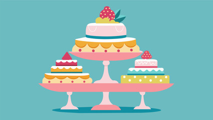 The wedding cake is a stunning creation made entirely from thrifted vintage cake stands and plates adding a touch of nostalgia and budgetfriendliness. Vector illustration