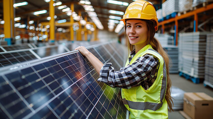 Female worker carrying solar panel in warehouse, factory. Solar panel manufacturer, solar manufacturing.