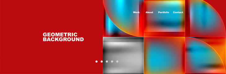 A colorful geometric background featuring squares and circles in shades of magenta and electric blue on a red background, with a liquidlike pattern and symmetrical design