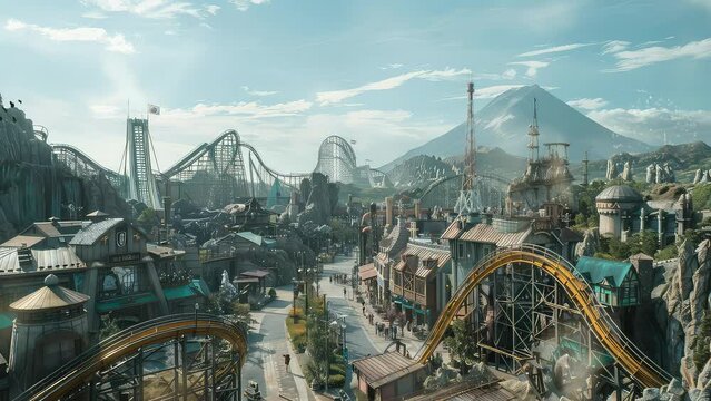 Animation big amusement park like city. seamless 4k video looping background. generated with ai