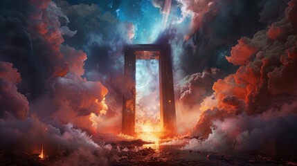 Dramatic scene of a gate to heaven and hell in an open space at night, with rays of light piercing the darkness, smoke swirling around, and fire burning nearby - obrazy, fototapety, plakaty