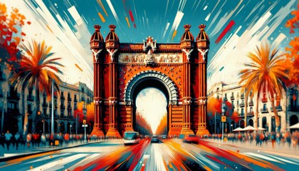 A stylized interpretation of the Arc de Triomf in Barcelona, capturing the monument in an energetic and abstract style.