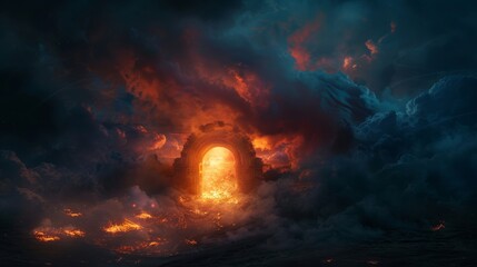 Dramatic scene of a gate to heaven and hell in an open space at night, with rays of light piercing the darkness, smoke swirling around, and fire burning nearby - obrazy, fototapety, plakaty