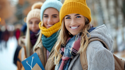 Happy group of friends shopping in autumn season.