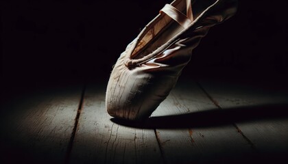 A weathered ballet shoe on a dark wooden floor, with the light outlining its worn texture and...