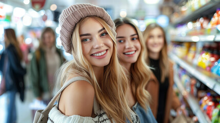 Fototapeta premium Group of happy friends shopping in store.